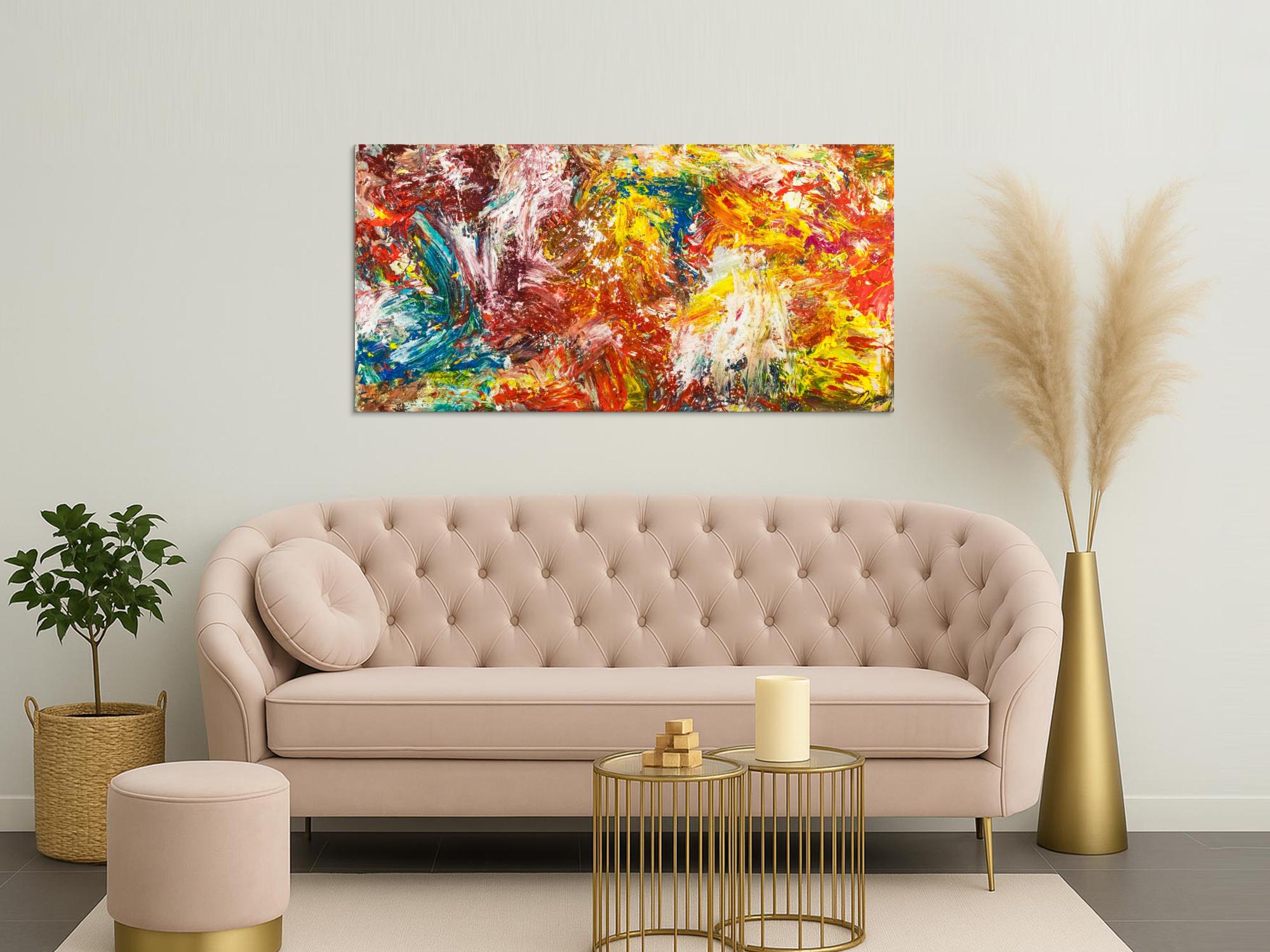 Abstraktes Original Gemälde 80x160cm Action Painting zeitgenössisch handgemalt Mischtechnik bunt rot orange Einzelstück