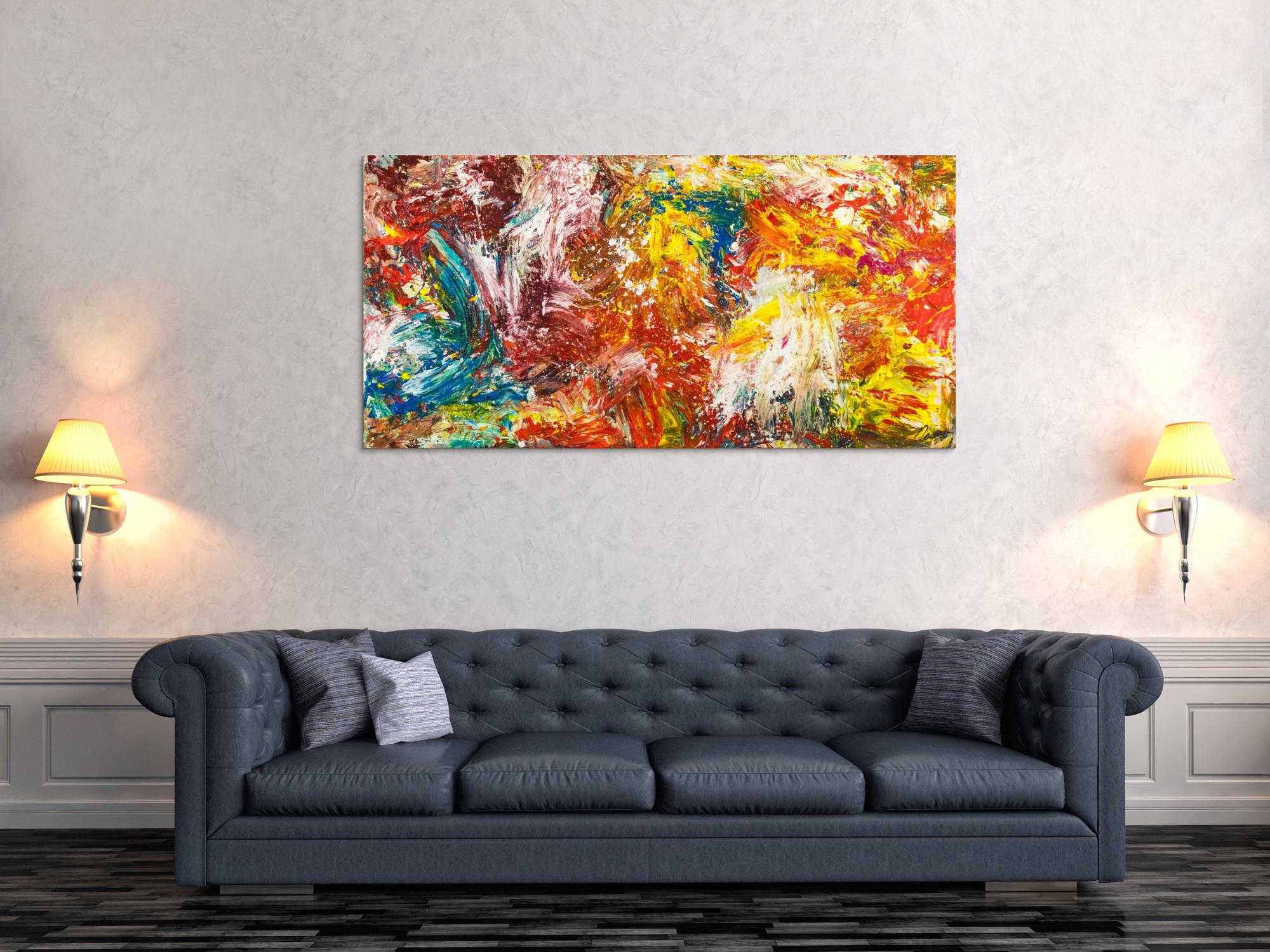 Abstraktes Original Gemälde 80x160cm Action Painting zeitgenössisch handgemalt Mischtechnik bunt rot orange Einzelstück