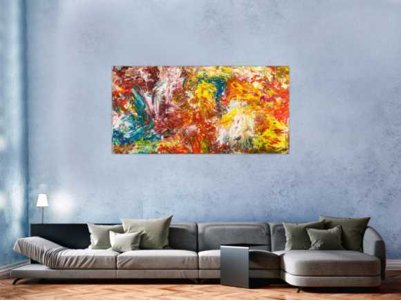 Abstraktes Original Gemälde 80x160cm Action Painting zeitgenössisch handgemalt Mischtechnik bunt rot orange Einzelstück