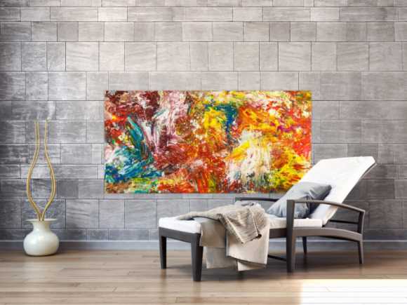 Abstraktes Original Gemälde 80x160cm Action Painting zeitgenössisch handgemalt Mischtechnik bunt rot orange Einzelstück