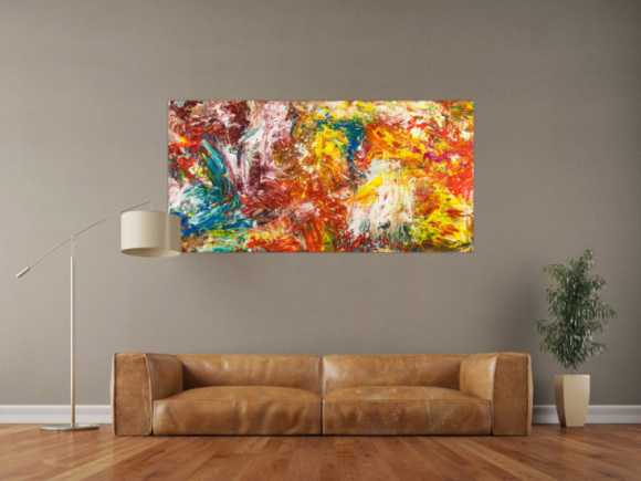 Abstraktes Original Gemälde 80x160cm Action Painting zeitgenössisch handgemalt Mischtechnik bunt rot orange Einzelstück
