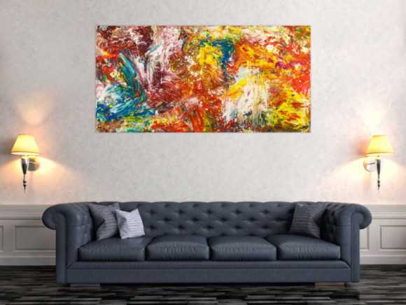 Abstraktes Original Gemälde 80x160cm Action Painting zeitgenössisch handgemalt Mischtechnik bunt rot orange Einzelstück