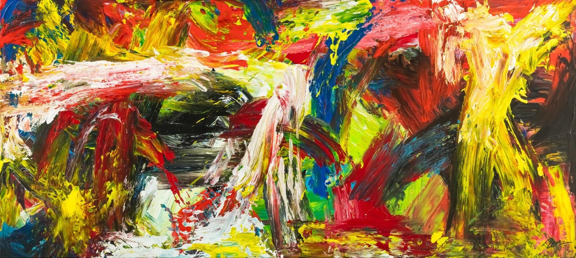 Gemälde Original abstrakt 90x200cm Action Painting grobe Struktur handgemalt Mischtechnik bunt rot gelb Unikat