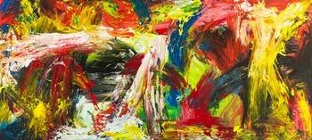 Gemälde Original abstrakt 90x200cm Action Painting grobe Struktur handgemalt Mischtechnik bunt rot gelb Unikat