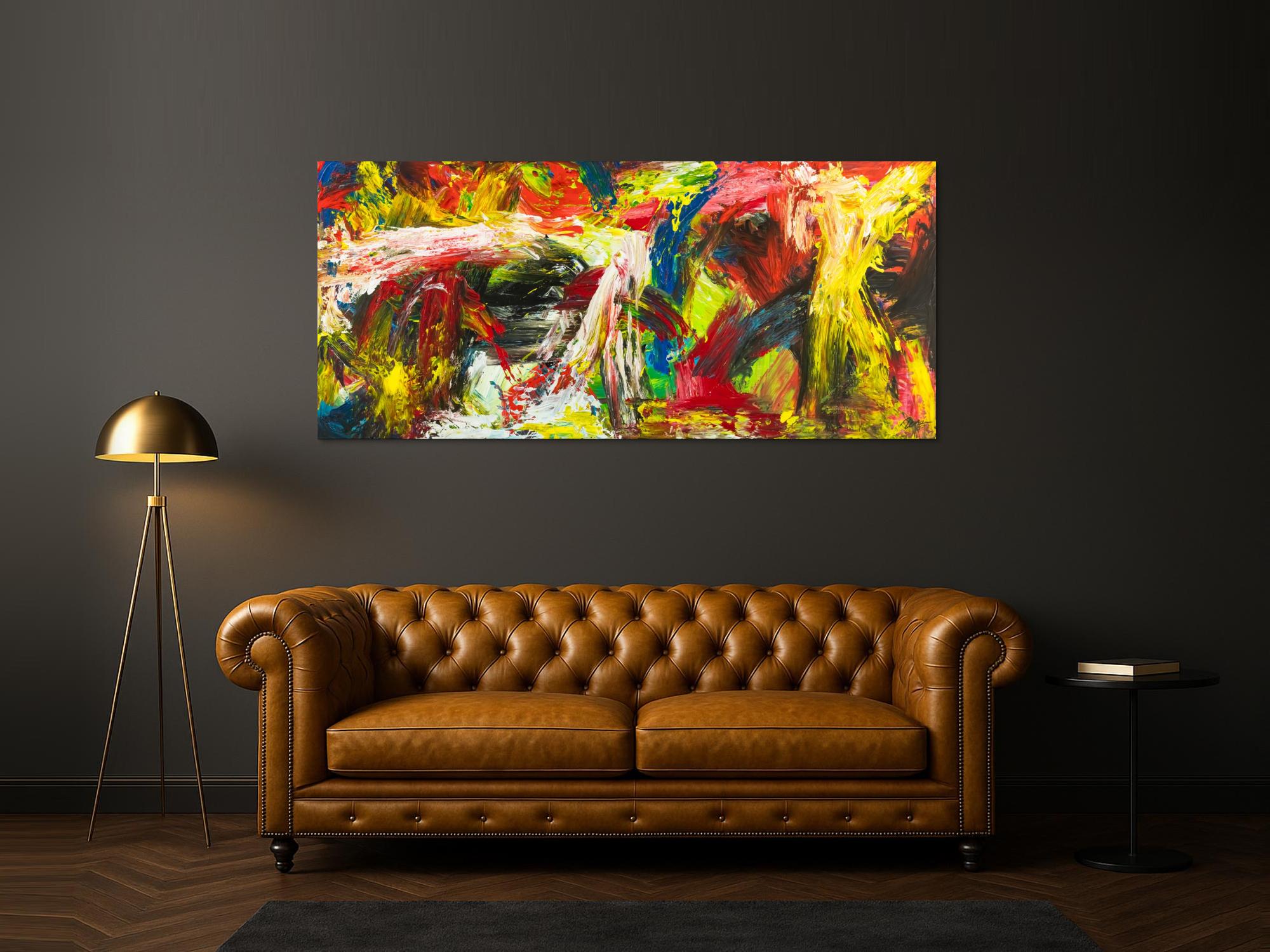 Gemälde Original abstrakt 90x200cm Action Painting grobe Struktur handgemalt Mischtechnik bunt rot gelb Unikat