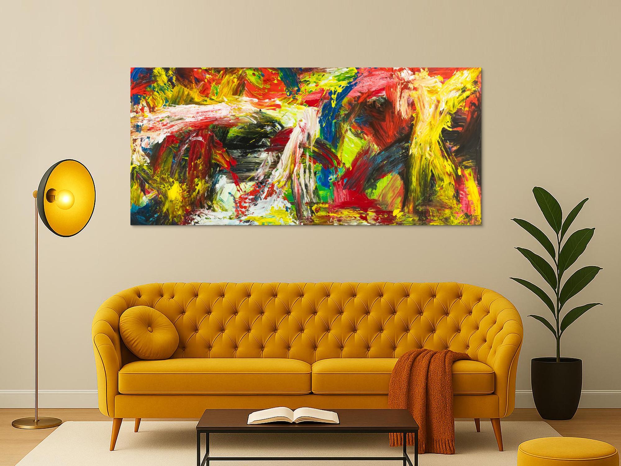 Gemälde Original abstrakt 90x200cm Action Painting grobe Struktur handgemalt Mischtechnik bunt rot gelb Unikat