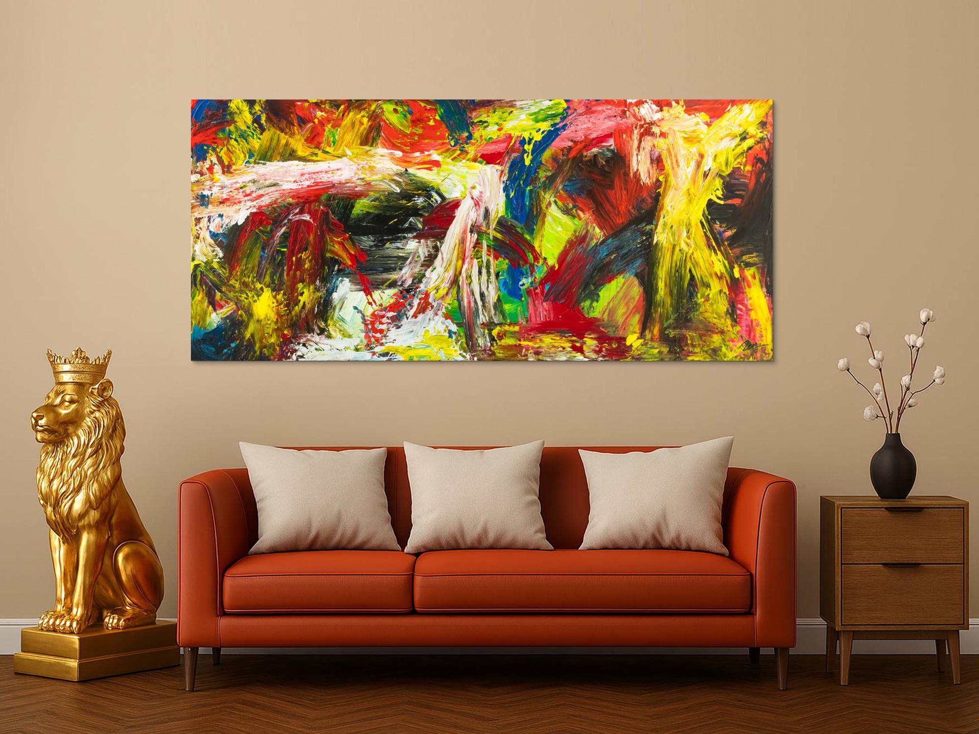 Gemälde Original abstrakt 90x200cm Action Painting grobe Struktur handgemalt Mischtechnik bunt rot gelb Unikat