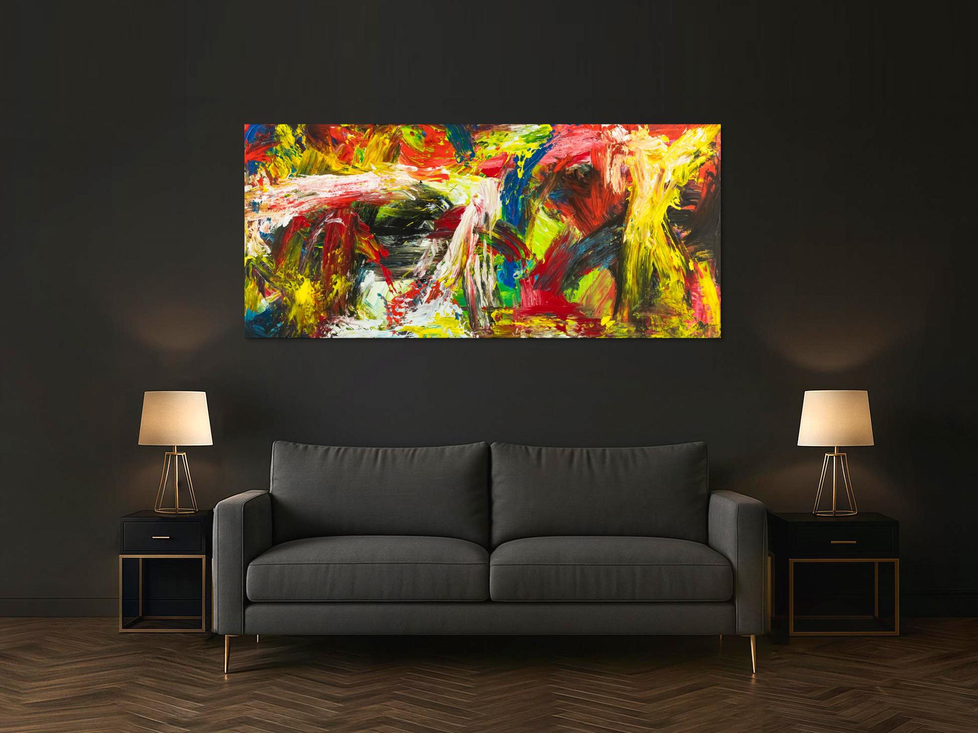 Gemälde Original abstrakt 90x200cm Action Painting grobe Struktur handgemalt Mischtechnik bunt rot gelb Unikat