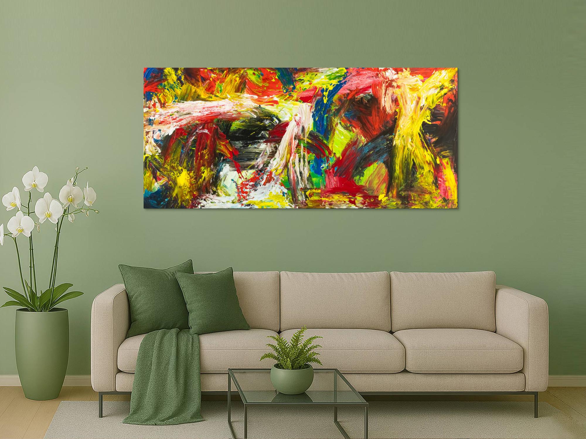 Gemälde Original abstrakt 90x200cm Action Painting grobe Struktur handgemalt Mischtechnik bunt rot gelb Unikat