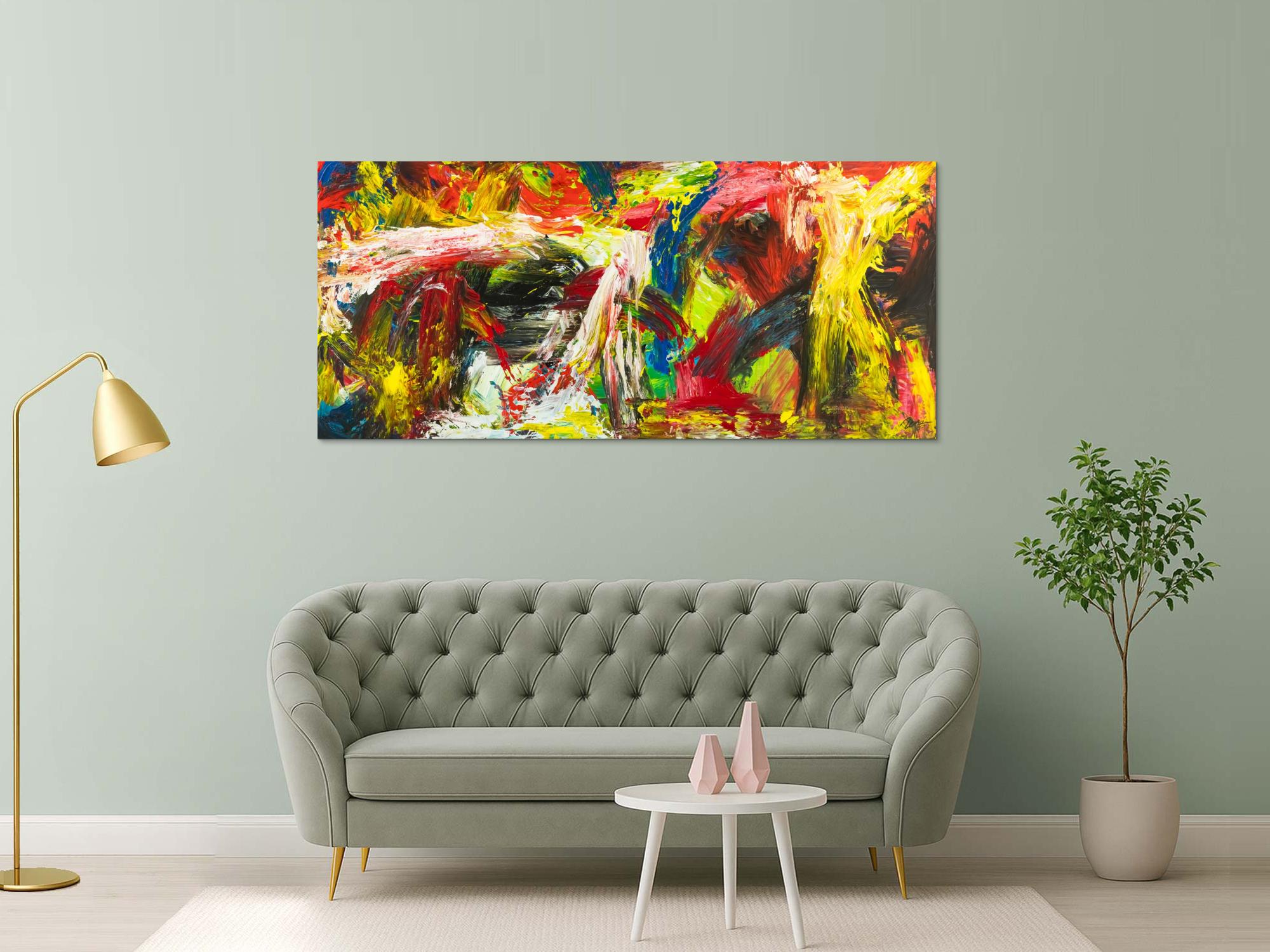 Gemälde Original abstrakt 90x200cm Action Painting grobe Struktur handgemalt Mischtechnik bunt rot gelb Unikat