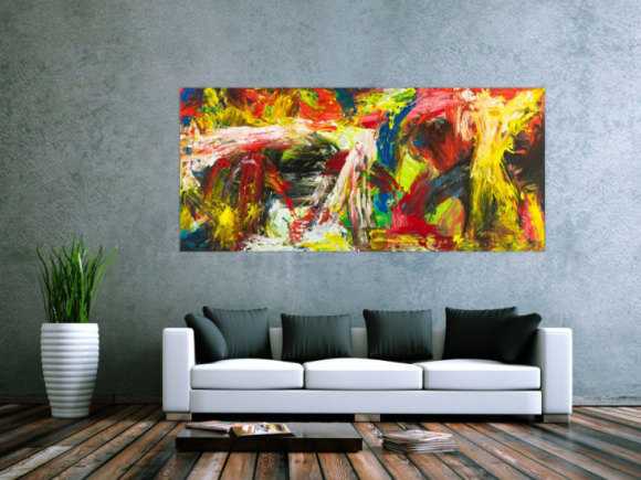 Gemälde Original abstrakt 90x200cm Action Painting grobe Struktur handgemalt Mischtechnik bunt rot gelb Unikat