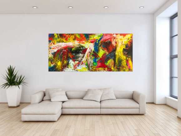 Gemälde Original abstrakt 90x200cm Action Painting grobe Struktur handgemalt Mischtechnik bunt rot gelb Unikat