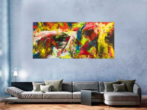 Gemälde Original abstrakt 90x200cm Action Painting grobe Struktur handgemalt Mischtechnik bunt rot gelb Unikat