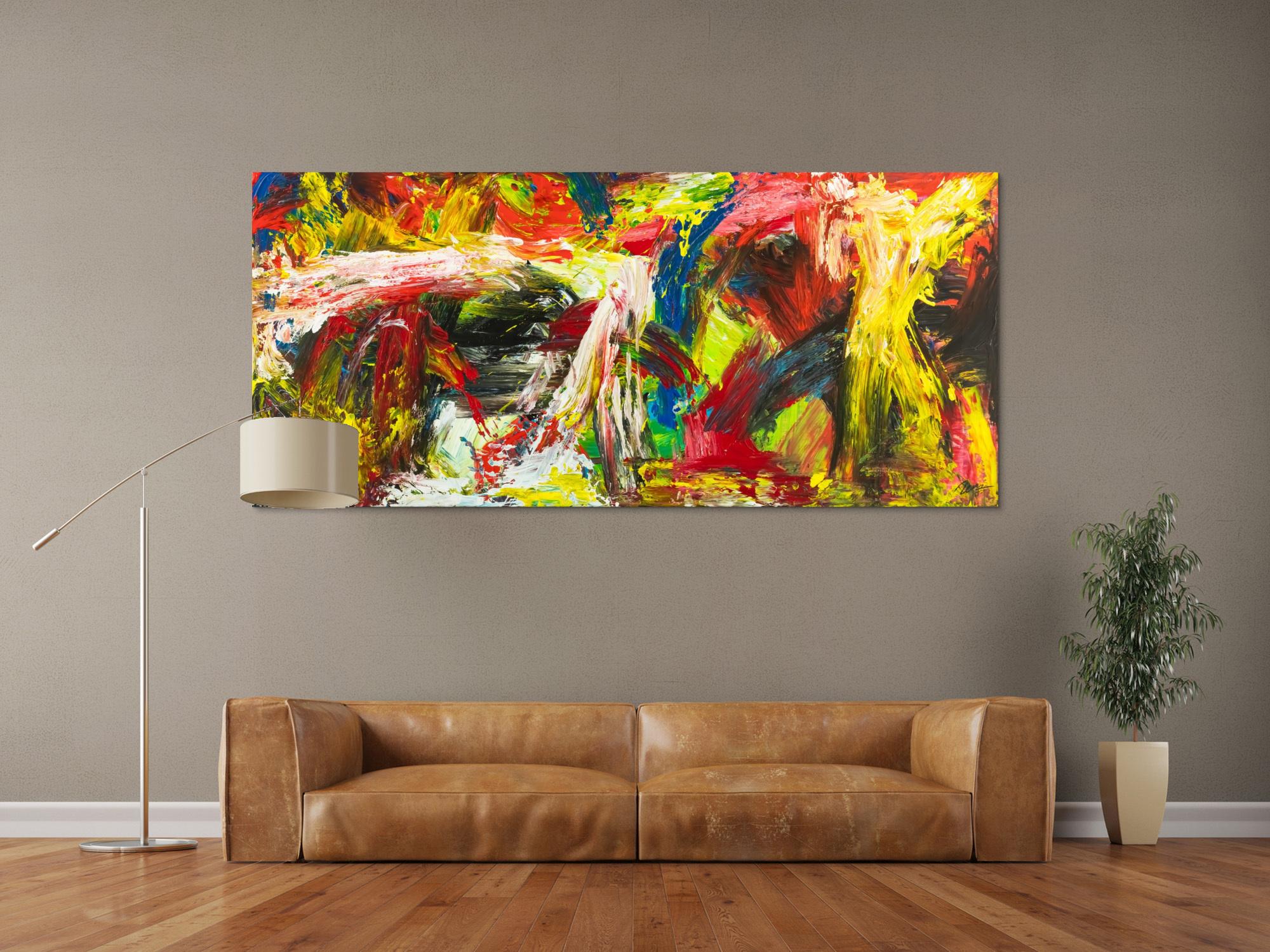 Gemälde Original abstrakt 90x200cm Action Painting grobe Struktur handgemalt Mischtechnik bunt rot gelb Unikat