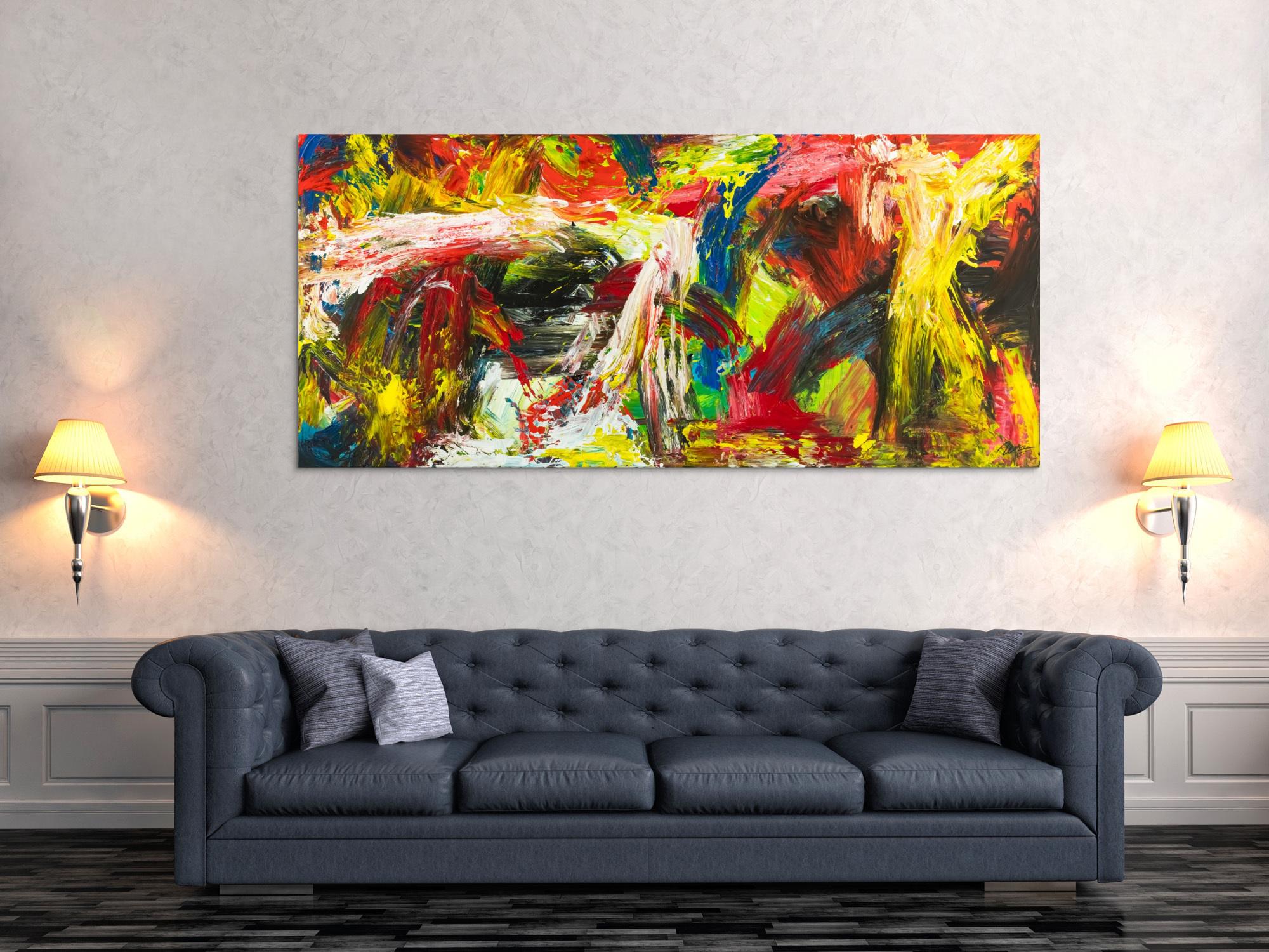 Gemälde Original abstrakt 90x200cm Action Painting grobe Struktur handgemalt Mischtechnik bunt rot gelb Unikat