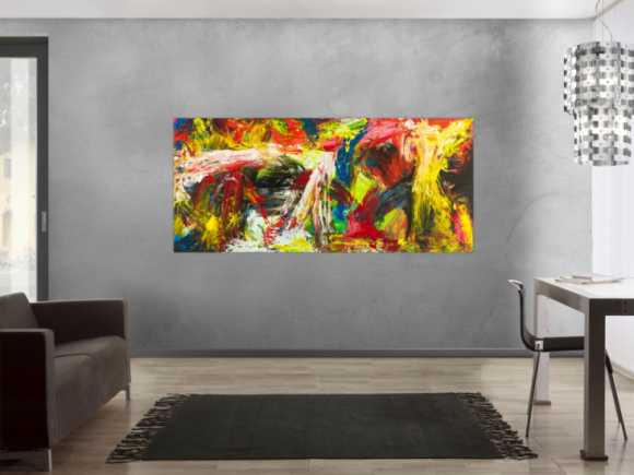 Gemälde Original abstrakt 90x200cm Action Painting grobe Struktur handgemalt Mischtechnik bunt rot gelb Unikat