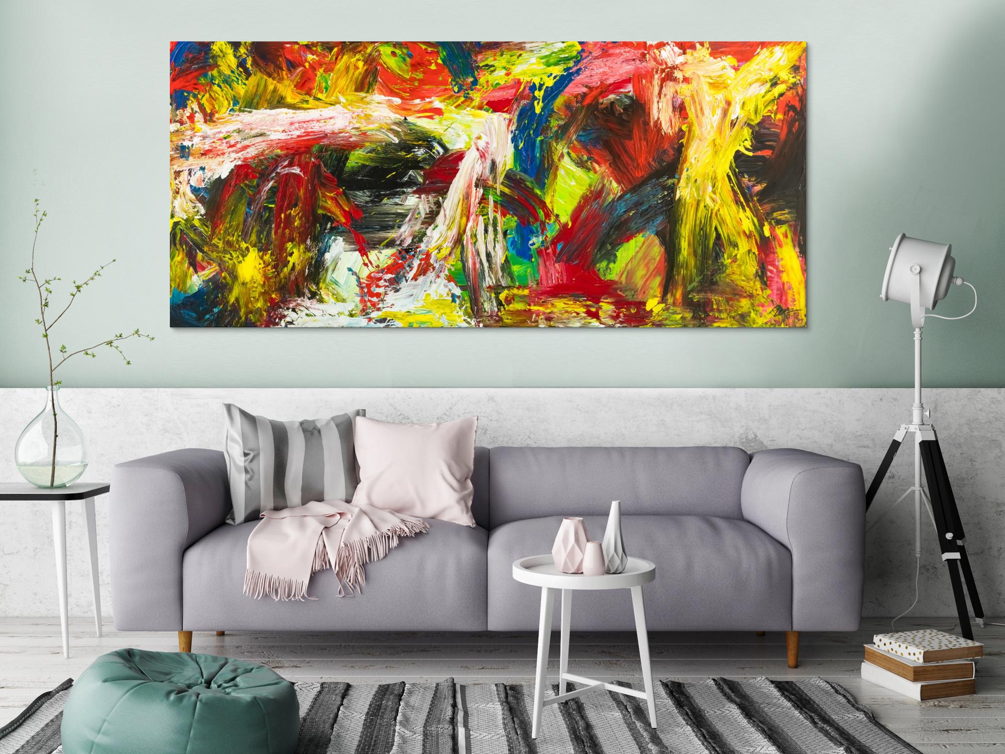 Gemälde Original abstrakt 90x200cm Action Painting grobe Struktur handgemalt Mischtechnik bunt rot gelb Unikat