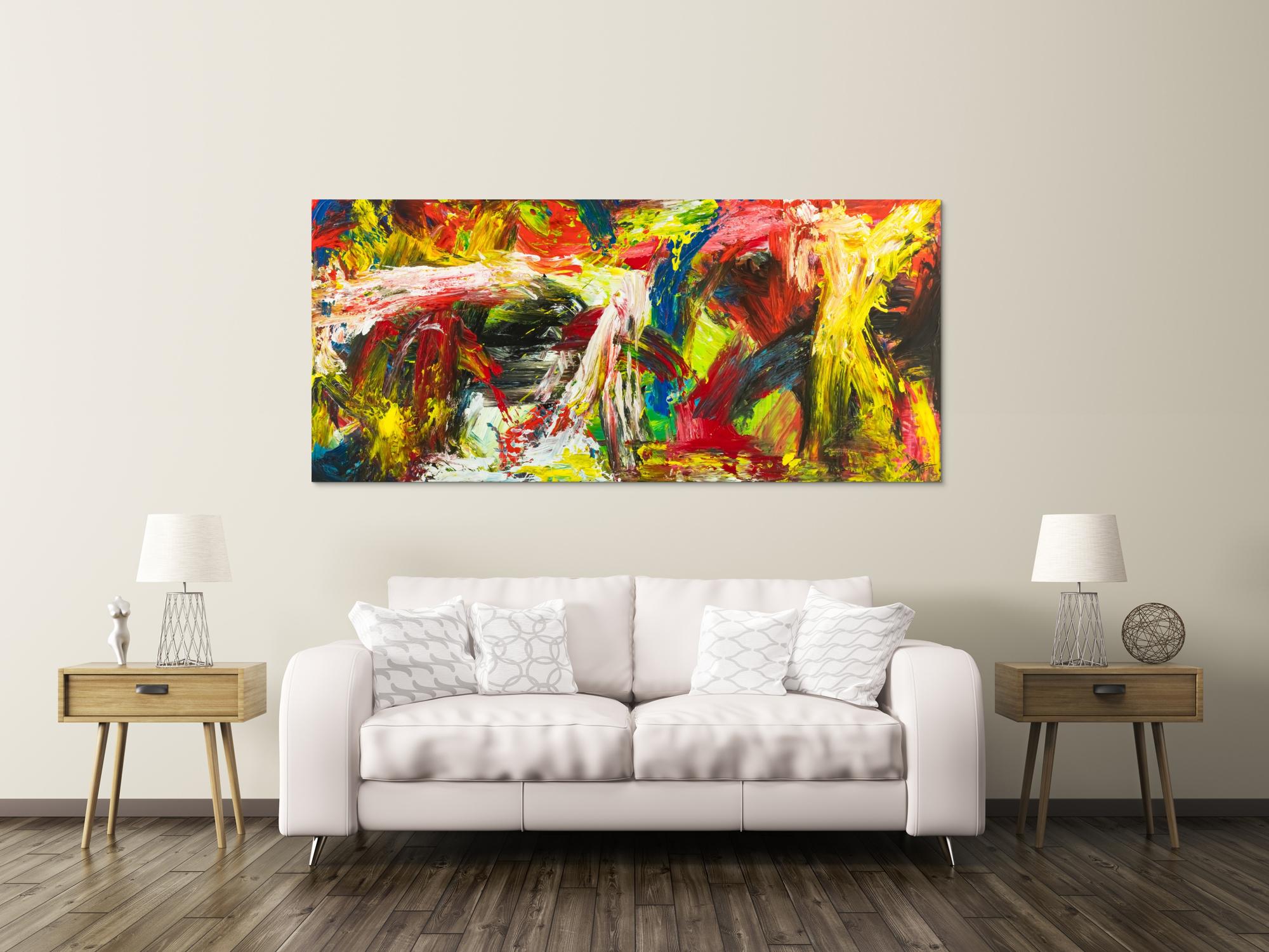 Gemälde Original abstrakt 90x200cm Action Painting grobe Struktur handgemalt Mischtechnik bunt rot gelb Unikat