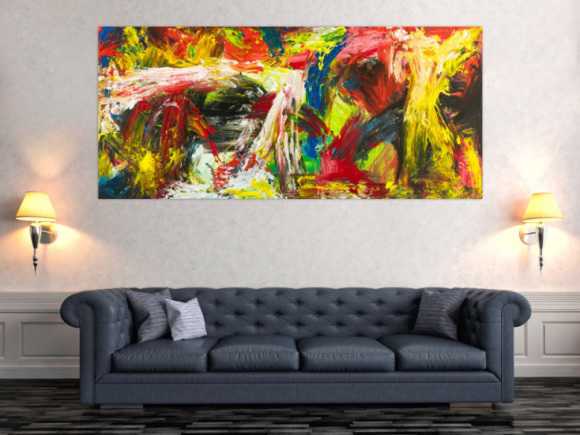 Gemälde Original abstrakt 90x200cm Action Painting grobe Struktur handgemalt Mischtechnik bunt rot gelb Unikat