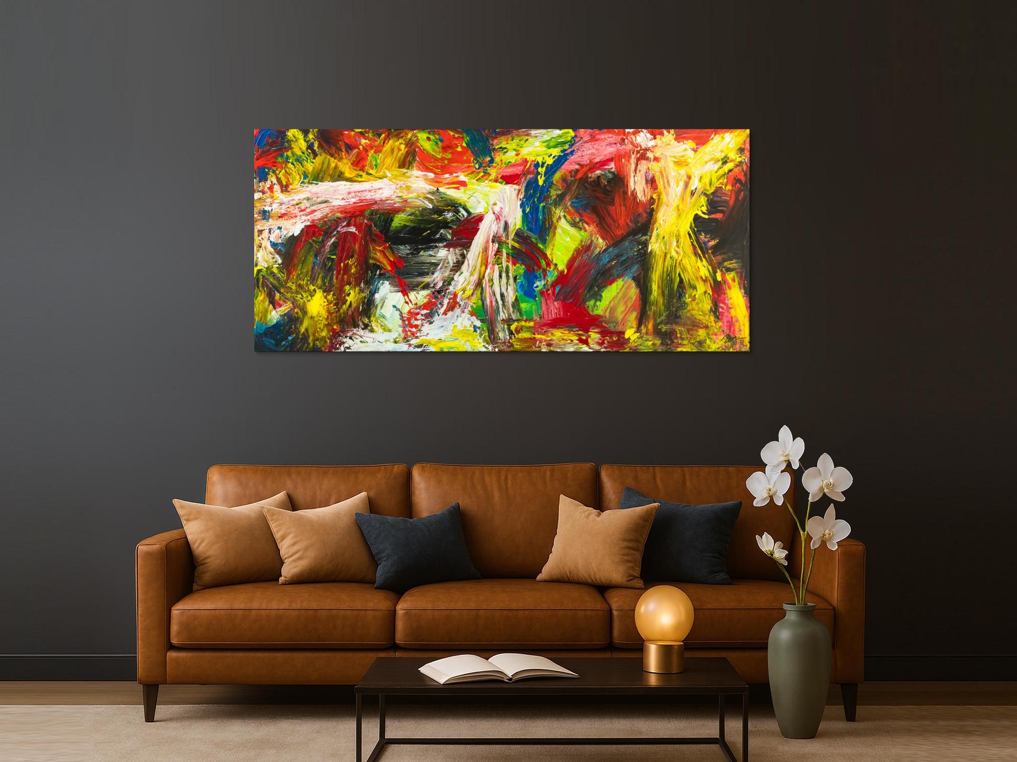 Gemälde Original abstrakt 90x200cm Action Painting grobe Struktur handgemalt Mischtechnik bunt rot gelb Unikat