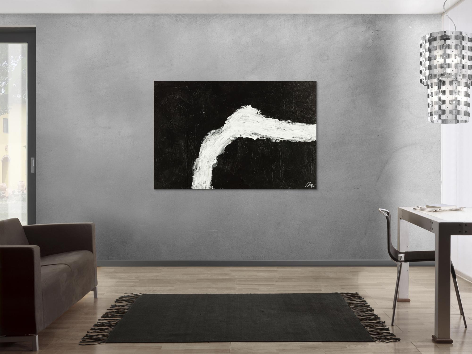 Original Gemälde abstrakt 100x150cm Minimalistisch grobe Struktur handgemalt Mischtechnik schwarz weiß hochwertig