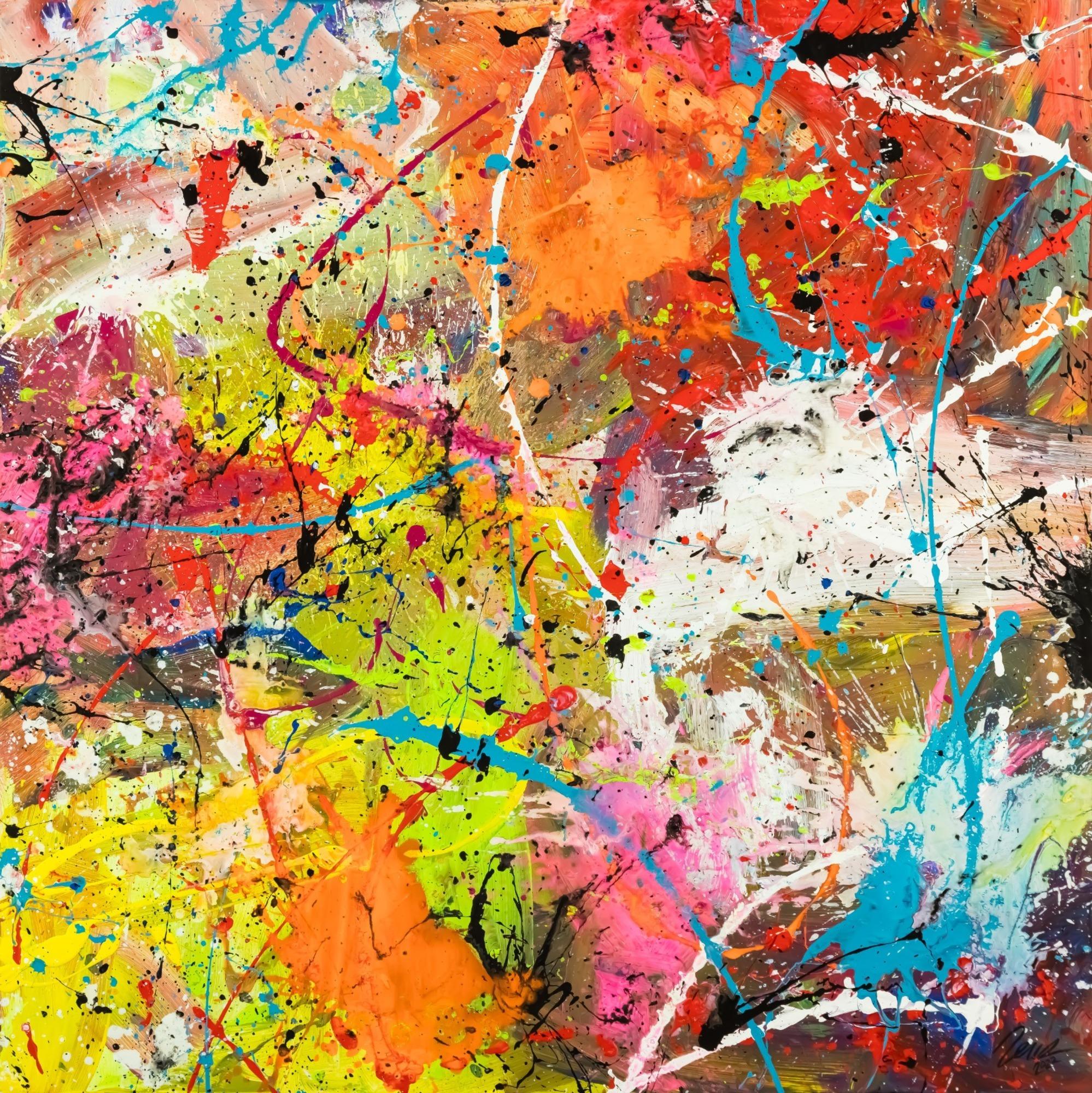 Original Gemälde abstrakt 120x120cm Action Painting Moderne Kunst handgemalt Mischtechnik orange weiß gelb einzigartig