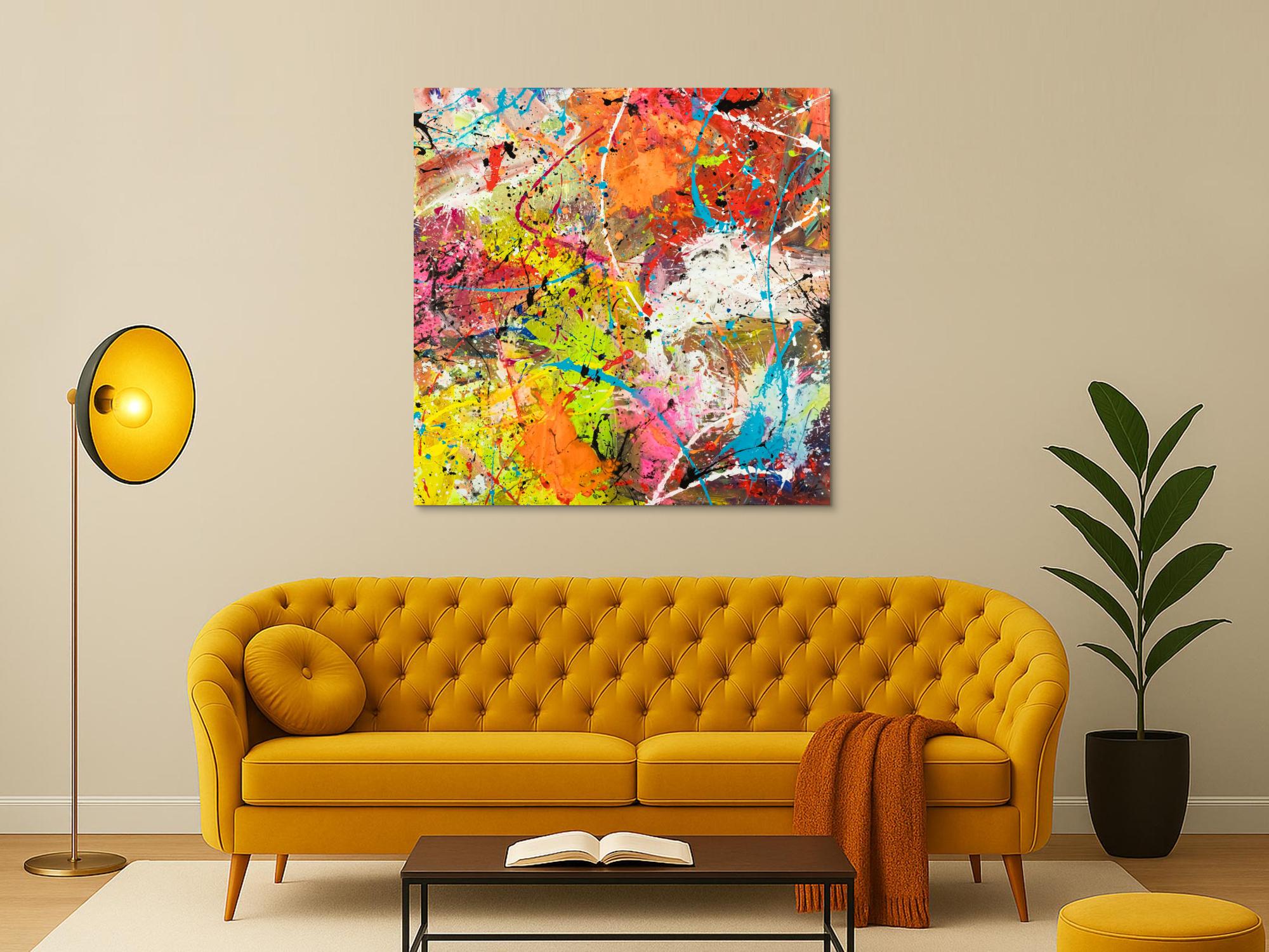 Original Gemälde abstrakt 120x120cm Action Painting Moderne Kunst handgemalt Mischtechnik orange weiß gelb einzigartig