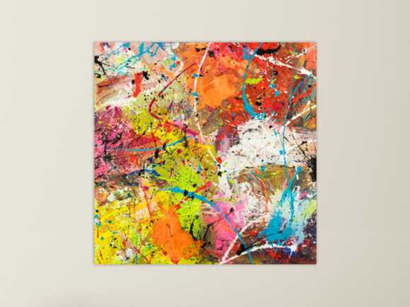 Original Gemälde abstrakt 120x120cm Action Painting Moderne Kunst handgemalt Mischtechnik orange weiß gelb einzigartig