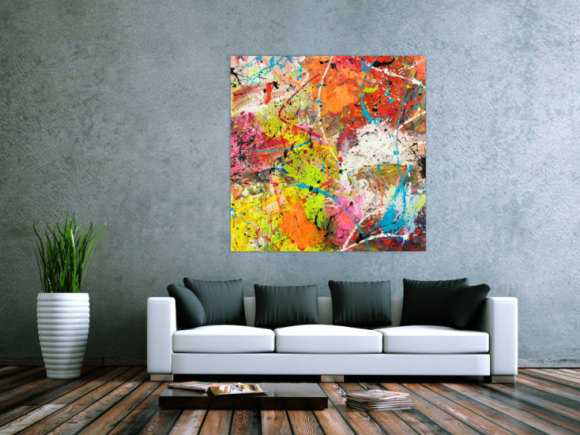 Original Gemälde abstrakt 120x120cm Action Painting Moderne Kunst handgemalt Mischtechnik orange weiß gelb einzigartig