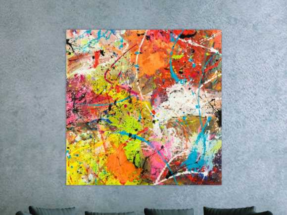 Original Gemälde abstrakt 120x120cm Action Painting Moderne Kunst handgemalt Mischtechnik orange weiß gelb einzigartig