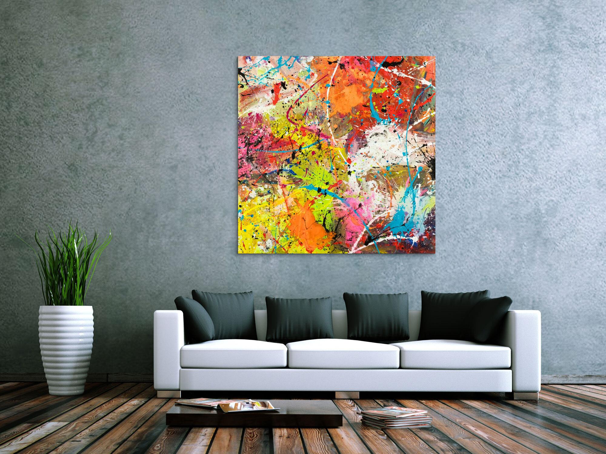 Original Gemälde abstrakt 120x120cm Action Painting Moderne Kunst handgemalt Mischtechnik orange weiß gelb einzigartig