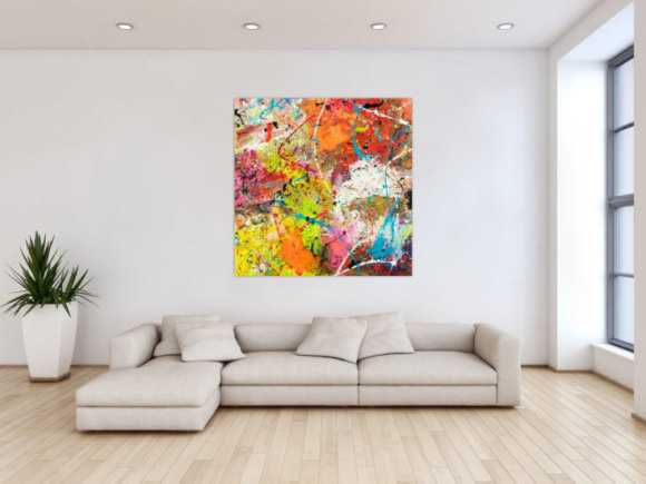 Original Gemälde abstrakt 120x120cm Action Painting Moderne Kunst handgemalt Mischtechnik orange weiß gelb einzigartig