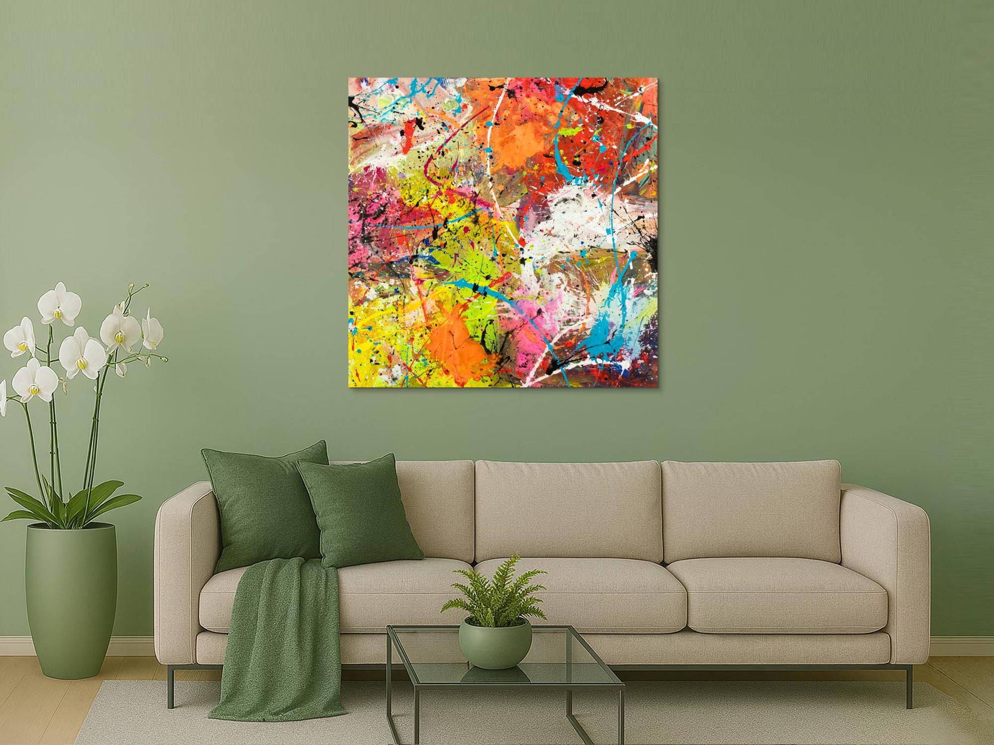 Original Gemälde abstrakt 120x120cm Action Painting Moderne Kunst handgemalt Mischtechnik orange weiß gelb einzigartig