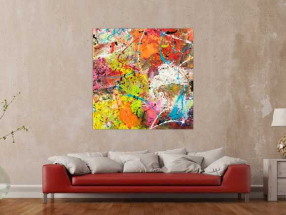 Original Gemälde abstrakt 120x120cm Action Painting Moderne Kunst handgemalt Mischtechnik orange weiß gelb einzigartig