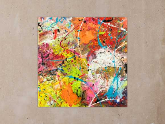 Original Gemälde abstrakt 120x120cm Action Painting Moderne Kunst handgemalt Mischtechnik orange weiß gelb einzigartig