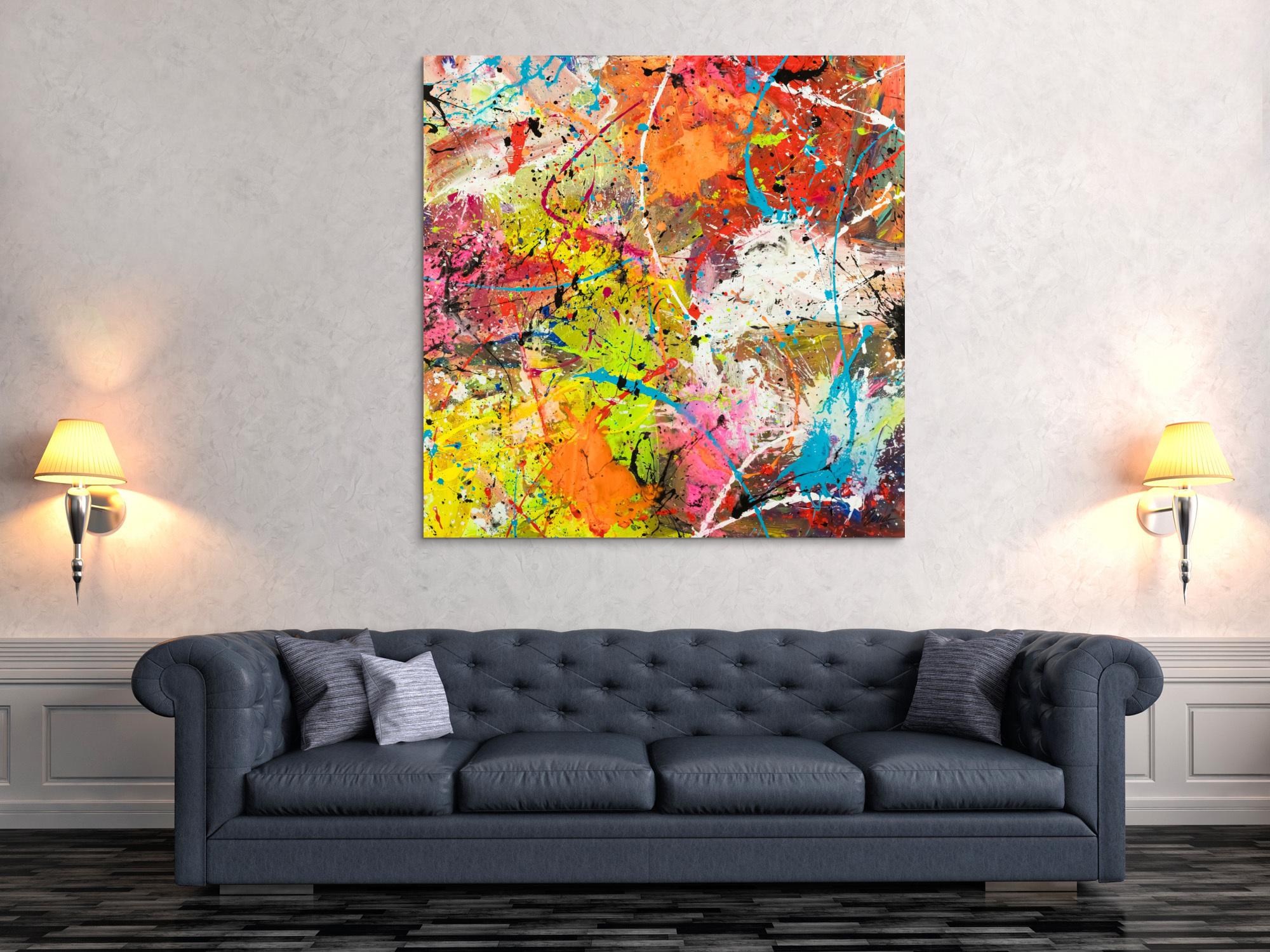 Original Gemälde abstrakt 120x120cm Action Painting Moderne Kunst handgemalt Mischtechnik orange weiß gelb einzigartig