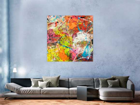 Original Gemälde abstrakt 120x120cm Action Painting Moderne Kunst handgemalt Mischtechnik orange weiß gelb einzigartig