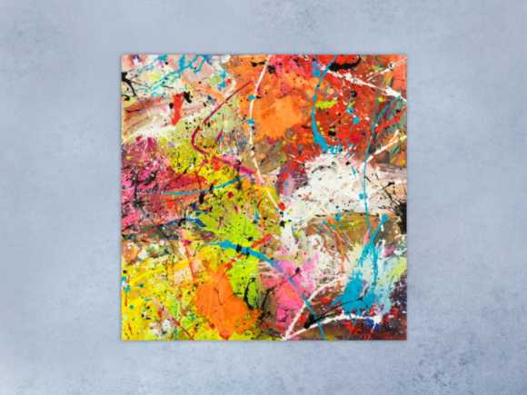 Original Gemälde abstrakt 120x120cm Action Painting Moderne Kunst handgemalt Mischtechnik orange weiß gelb einzigartig