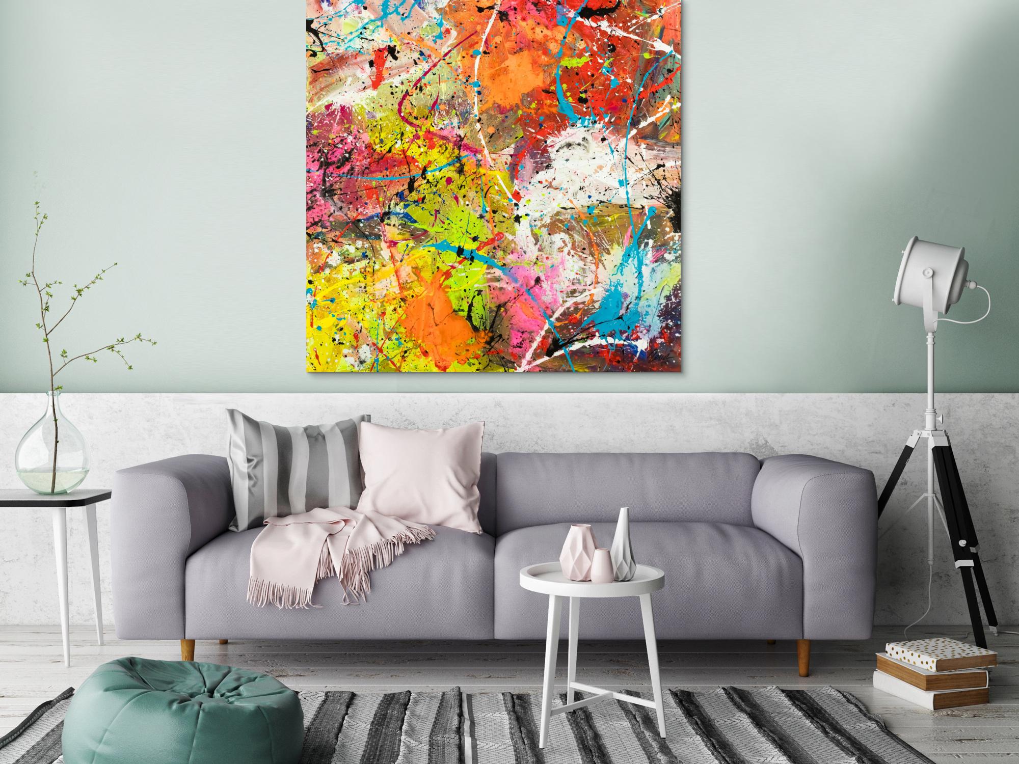 Original Gemälde abstrakt 120x120cm Action Painting Moderne Kunst handgemalt Mischtechnik orange weiß gelb einzigartig