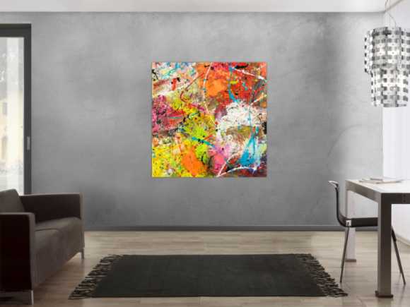 Original Gemälde abstrakt 120x120cm Action Painting Moderne Kunst handgemalt Mischtechnik orange weiß gelb einzigartig