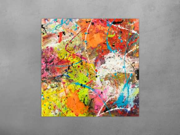 Original Gemälde abstrakt 120x120cm Action Painting Moderne Kunst handgemalt Mischtechnik orange weiß gelb einzigartig