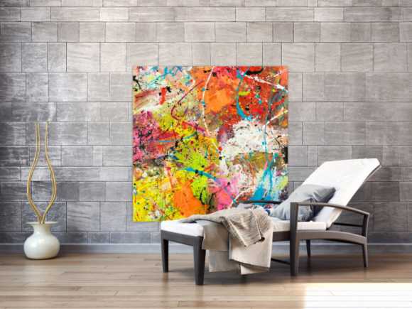 Original Gemälde abstrakt 120x120cm Action Painting Moderne Kunst handgemalt Mischtechnik orange weiß gelb einzigartig