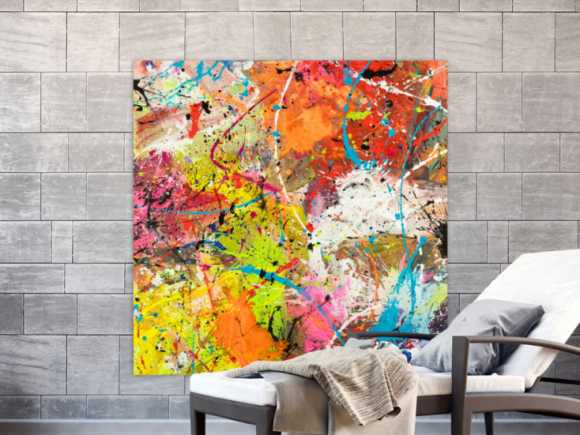 Original Gemälde abstrakt 120x120cm Action Painting Moderne Kunst handgemalt Mischtechnik orange weiß gelb einzigartig