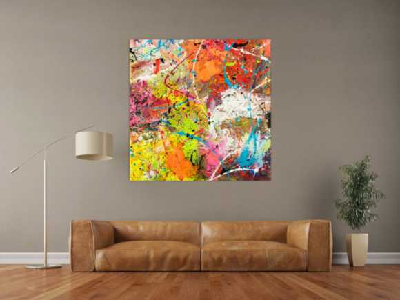Original Gemälde abstrakt 120x120cm Action Painting Moderne Kunst handgemalt Mischtechnik orange weiß gelb einzigartig