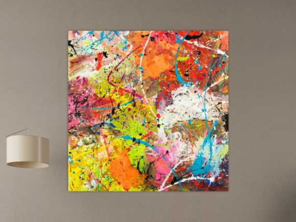 Original Gemälde abstrakt 120x120cm Action Painting Moderne Kunst handgemalt Mischtechnik orange weiß gelb einzigartig