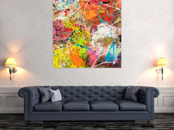 Original Gemälde abstrakt 120x120cm Action Painting Moderne Kunst handgemalt Mischtechnik orange weiß gelb einzigartig
