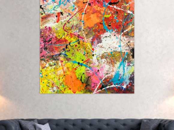Original Gemälde abstrakt 120x120cm Action Painting Moderne Kunst handgemalt Mischtechnik orange weiß gelb einzigartig