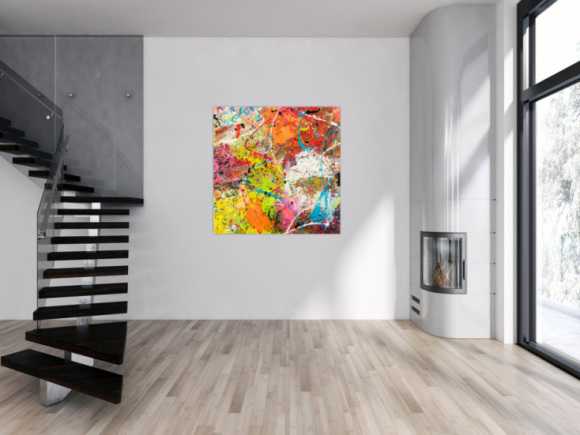 Original Gemälde abstrakt 120x120cm Action Painting Moderne Kunst handgemalt Mischtechnik orange weiß gelb einzigartig