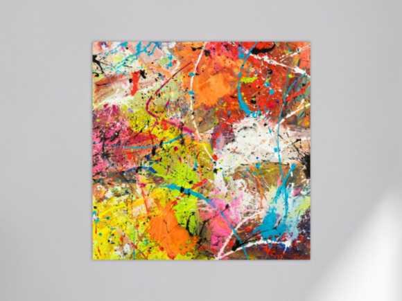 Original Gemälde abstrakt 120x120cm Action Painting Moderne Kunst handgemalt Mischtechnik orange weiß gelb einzigartig