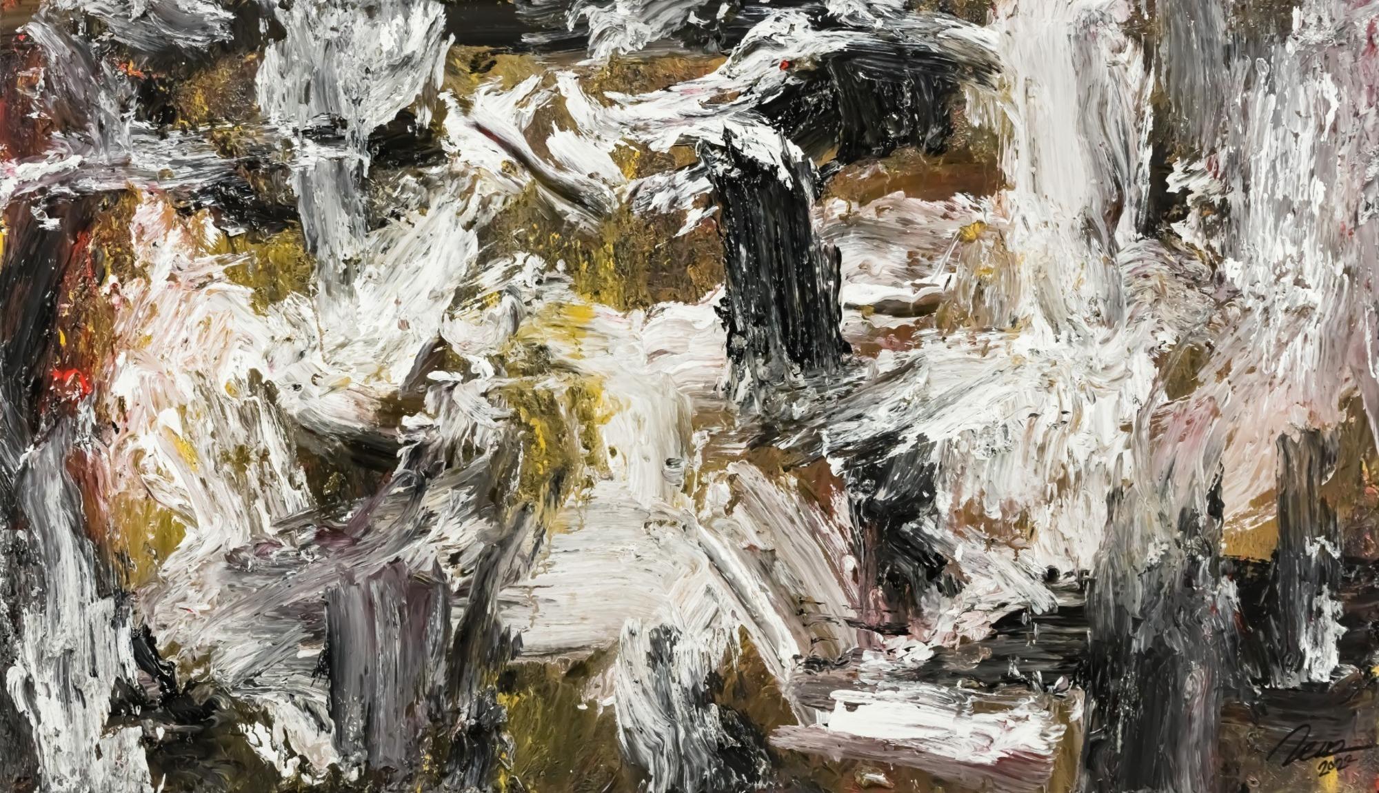 Gemälde Original abstrakt 75x130cm Action Painting Modern Art auf Leinwand Mischtechnik weiß schwarz anthrazit Einzelstück